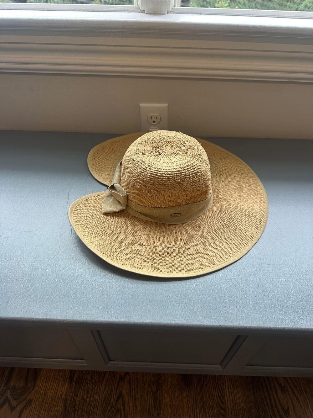 Scala Wide-Brim Straw Sun Hat with Bow - Natural Tan